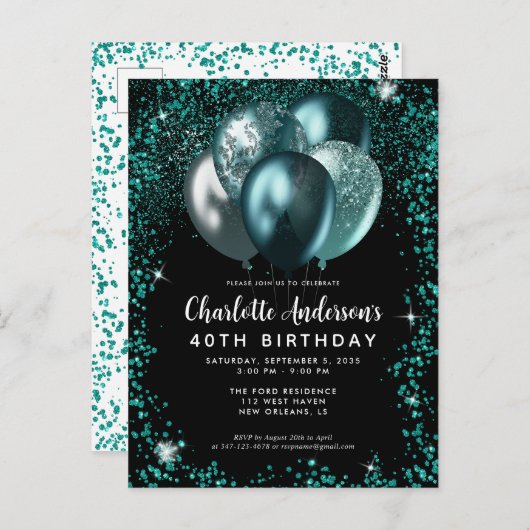 Eleganter Schwarz Aquamarin Green Glitzer Balloon Postkarte (Vorne/Hinten)