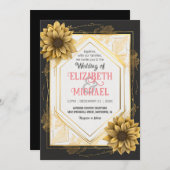 Eleganter Schwarz-Gelb-Hochzeitssonne-Goldrahmen Einladung (Vorne/Hinten)