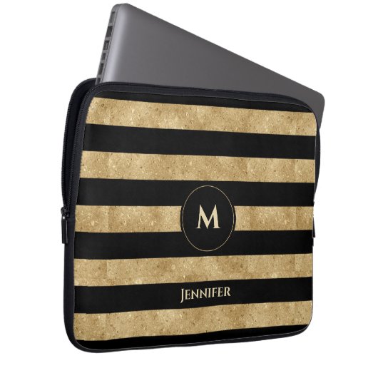 Eleganter Schwarz-Glitzer-Streifen Monogramm Laptopschutzhülle (Vorne Rechts)