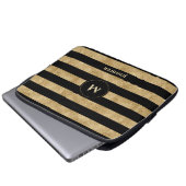 Eleganter Schwarz-Glitzer-Streifen Monogramm Laptopschutzhülle (Vorne Knopf)