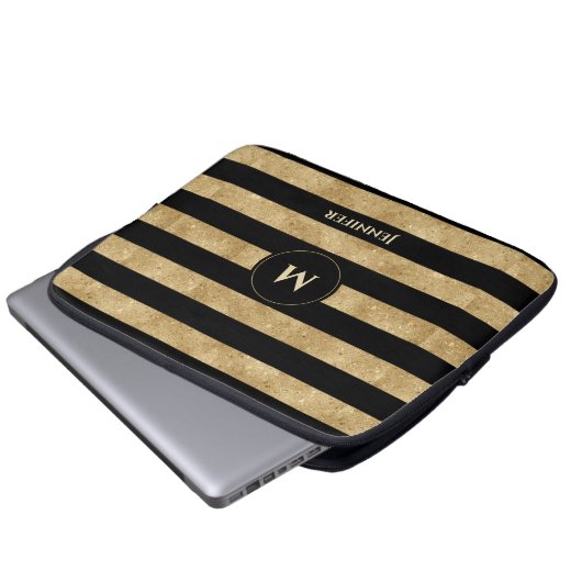 Eleganter Schwarz-Glitzer-Streifen Monogramm Laptopschutzhülle (Vorne Knopf)