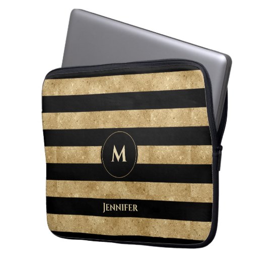 Eleganter Schwarz-Glitzer-Streifen Monogramm Laptopschutzhülle (Vorderseite Links)
