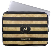 Eleganter Schwarz-Glitzer-Streifen Monogramm Laptopschutzhülle (Vorderseite)