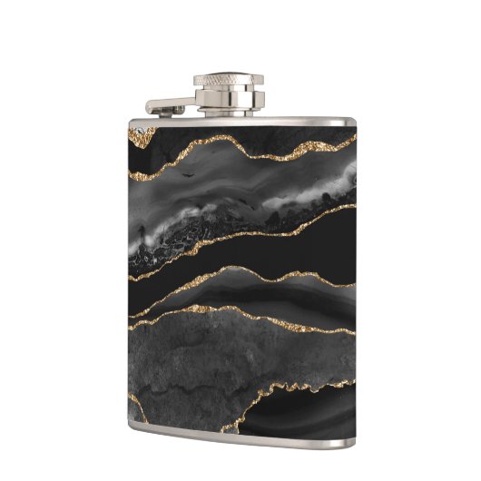 Eleganter Schwarz-Gold-Agate-Marmor Flachmann (Links)