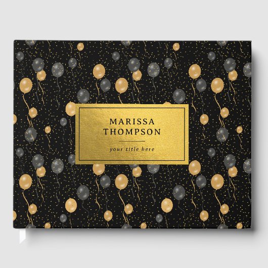 Eleganter Schwarz & Gold-Ballons-Sake Gästebuch (Vorderseite)