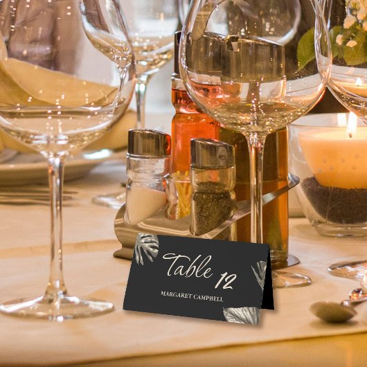 Eleganter Schwarz-Gold Botanischer Hochzeitstisch Platzkarte