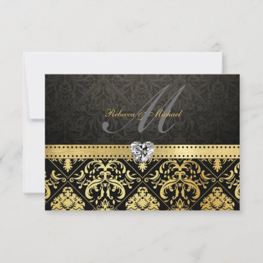 Eleganter Schwarz-Gold-Damask mit Monogram-UAWG RSVP Karte (Vorderseite)
