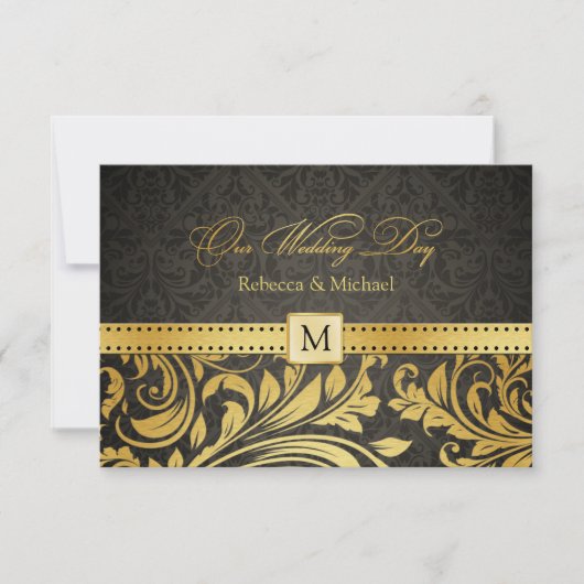 Eleganter Schwarz-Gold-Damask mit Monogram-UAWG RSVP Karte (Vorderseite)