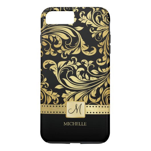Eleganter Schwarz-Gold-Damast mit Monogramm Case-Mate iPhone Hülle (Rückseite)