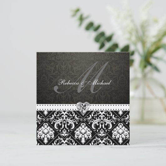 Eleganter Schwarz-Gold-Damast mit Monogramm Einladung (Stehend Vorderseite)