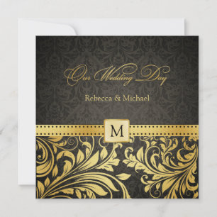 Eleganter Schwarz-Gold-Damast mit Monogramm Einladung