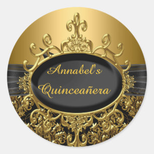 Eleganter Schwarz & Gold Damast Quinceanera Aufkle Runder Aufkleber