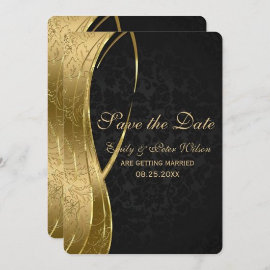 Eleganter Schwarz-Gold-Damast-Save the Date Einladung (Vorne/Hinten)