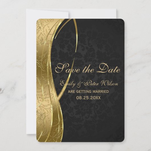 Eleganter Schwarz-Gold-Damast-Save the Date Einladung (Vorderseite)
