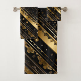 Eleganter Schwarz-Gold-Diagonal gestreift Badhandtuch Set