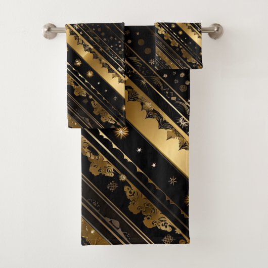 Eleganter Schwarz-Gold-Diagonal gestreift Badhandtuch Set (Insitu)