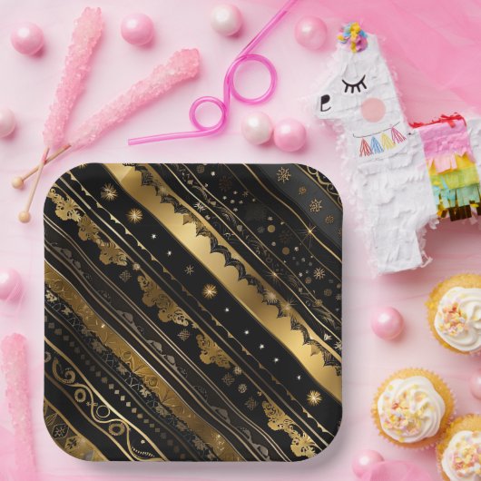 Eleganter Schwarz-Gold-Diagonal gestreift Pappteller (Party)