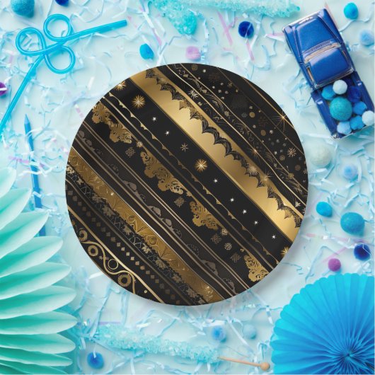 Eleganter Schwarz-Gold-Diagonal gestreift Pappteller (Party)