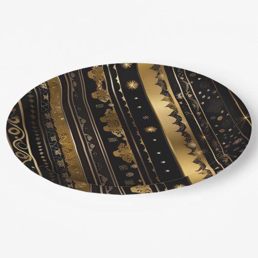 Eleganter Schwarz-Gold-Diagonal gestreift Pappteller (Schrägansicht)