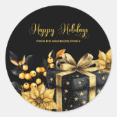 Eleganter Schwarz-Gold-„Frohe Feiertage“-Sticker Runder Aufkleber (Vorderseite)