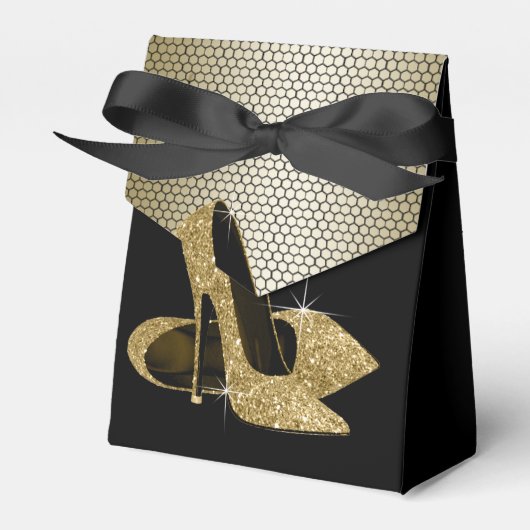 Eleganter Schwarz-Gold Glitzer High Heel Shoe Geschenkschachtel (Vorderseite)