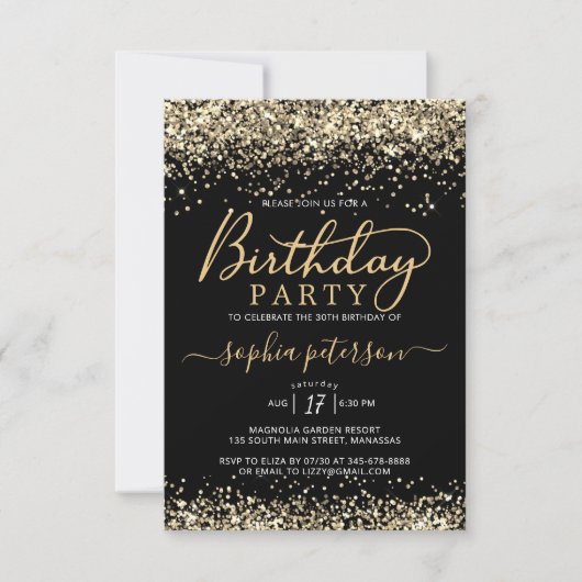 Eleganter Schwarz-Gold-Glitzer jeden Geburtstag Einladung (Vorderseite)