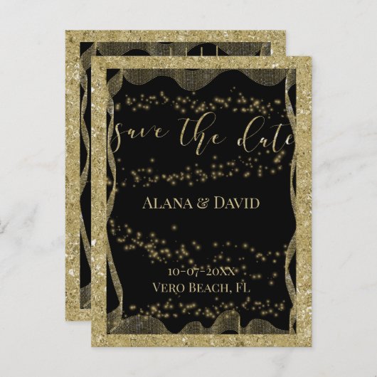 Eleganter Schwarz-Gold-Glitzer Save the Date Ankündigungspostkarte (Vorne/Hinten)
