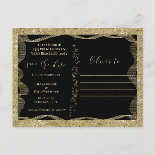 Eleganter Schwarz-Gold-Glitzer Save the Date Ankündigungspostkarte (Rückseite)