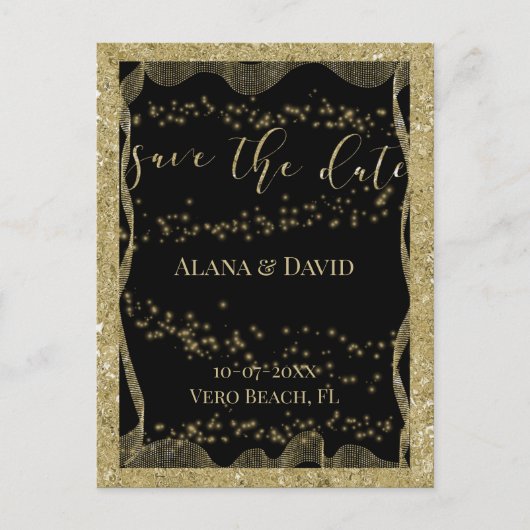 Eleganter Schwarz-Gold-Glitzer Save the Date Ankündigungspostkarte (Vorderseite)