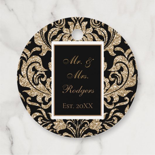 Eleganter Schwarz-Gold-Imitat-Glitzer Hochzeit Geschenkanhänger (Rückseite)