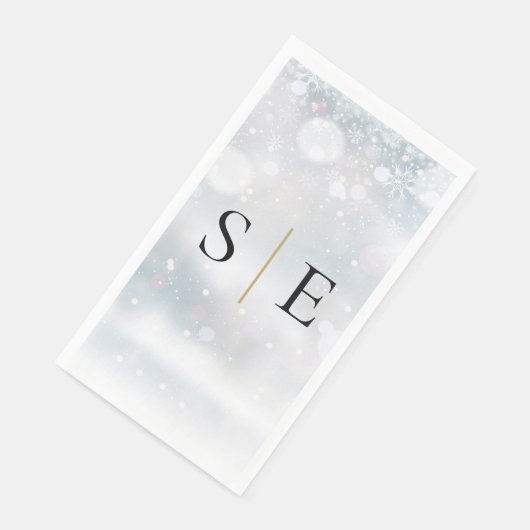 Eleganter Schwarz-Gold Monogramm Winter Serviette (Ecke)