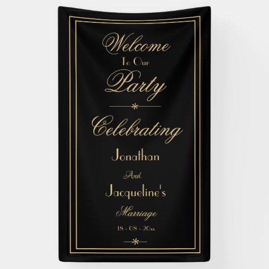 Eleganter Schwarz & Gold Script Chic Hochzeit Will Banner (Vertikal)