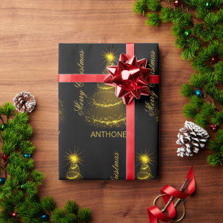 Eleganter Schwarz-Gold-Script-Weihnachtsbaum Geschenkpapier