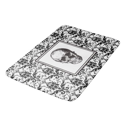 Eleganter schwarz-gotischer Damaskus-Pattern Skull Badematte (Schrägansicht)