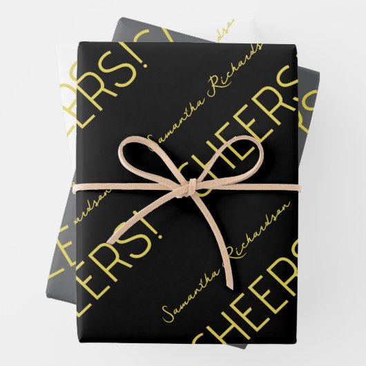 Eleganter schwarz-grauer, weißer Goldskriptname Geschenkpapier Set (Beispiel)