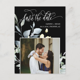 Eleganter schwarz-grüner Blätter QR-Code Save the  Ankündigungspostkarte