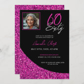 Eleganter Schwarz/Rosa Glitzer 60. Geburtstag Einladung (Vorne/Hinten)