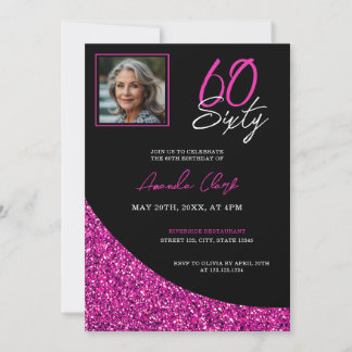 Eleganter Schwarz/Rosa Glitzer 60. Geburtstag Einladung