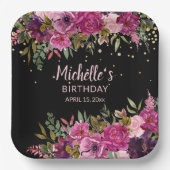 Eleganter Schwarz Rosa Lila floraler Glitzer Gebur Pappteller (Vorderseite)