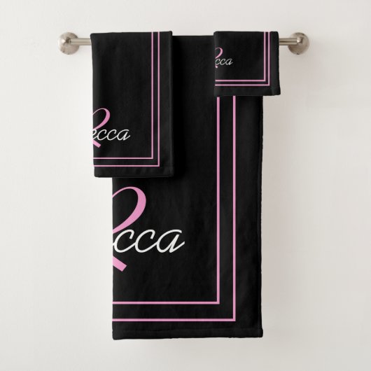 Eleganter Schwarz-Rosa Monogramm Anfangsname Strip Badhandtuch Set (Insitu)