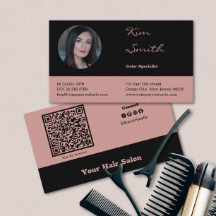 Eleganter schwarz-rosa QR-Code Friseur Mitarbeiter Visitenkarte