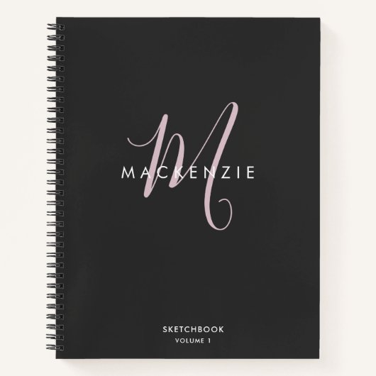 Eleganter Schwarz-Rosa-Script-Monogramm-Sketch Notizblock (Vorderseite)