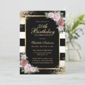 Eleganter Schwarz-Schwarz-Rosa-Flora 50. Geburtsta Einladung (Stehend Vorderseite)