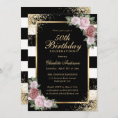 Eleganter Schwarz-Schwarz-Rosa-Flora 50. Geburtsta Einladung (Vorne/Hinten)