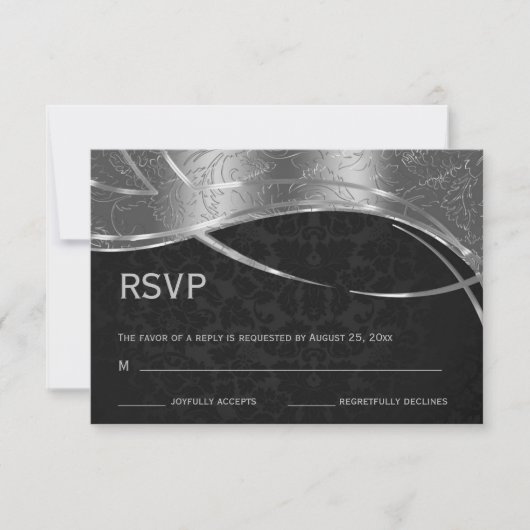Eleganter Schwarz-Silber-Damast RSVP Karte (Vorderseite)
