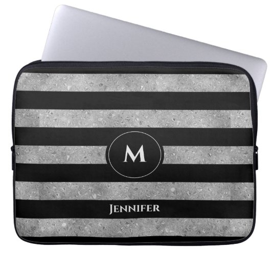 Eleganter Schwarz-Silber-Glitzer Streifen Monogram Laptopschutzhülle (Vorderseite)