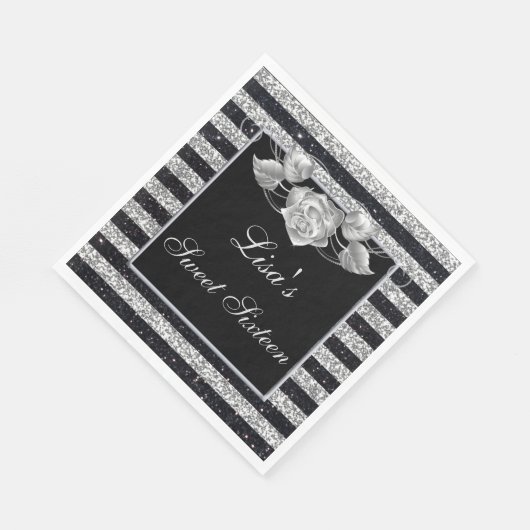 Eleganter Schwarz Silver Glitzer Silver Rose Sweet Serviette (Ecke)