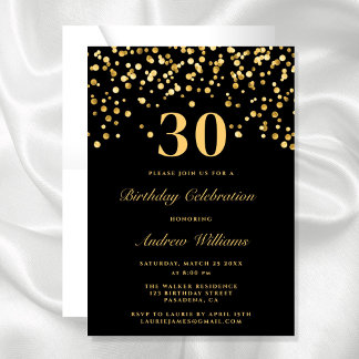 Eleganter Schwarz und Gold 30. Geburtstag Einladung