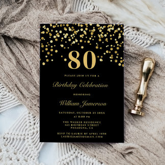 Eleganter Schwarz und Gold 80. Geburtstag Einladung