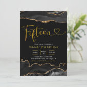 Eleganter Schwarz und Gold Agate Fünfzehn Geburtst Einladung (Stehend Vorderseite)